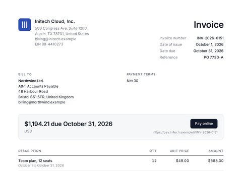 Invoice template, with customer.name and invoice.number marked