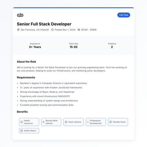 Job posting for Senior Full Stack Developer