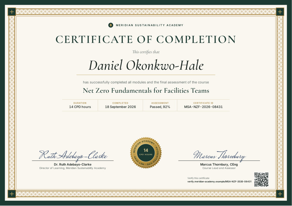Course Certificate (QR verification), rendered by oJo with its first sample