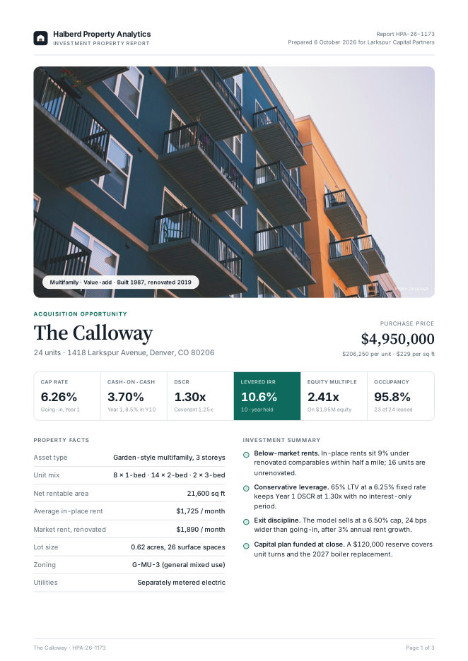 Multifamily Investment Memo, rendered by oJo with its first sample